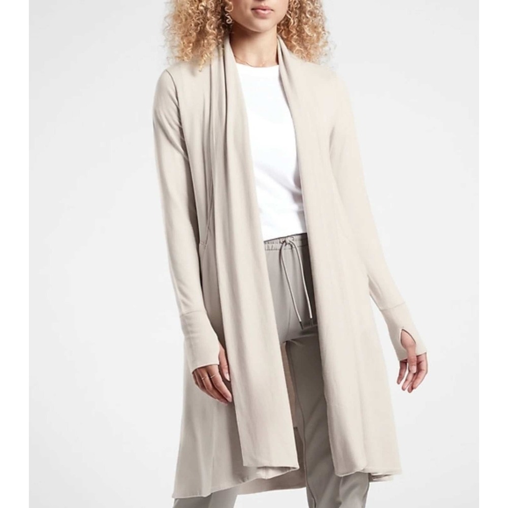 Athleta Pranayama Wrap Cardigan Women Small Beige Tencel Modal Open Front Pocket